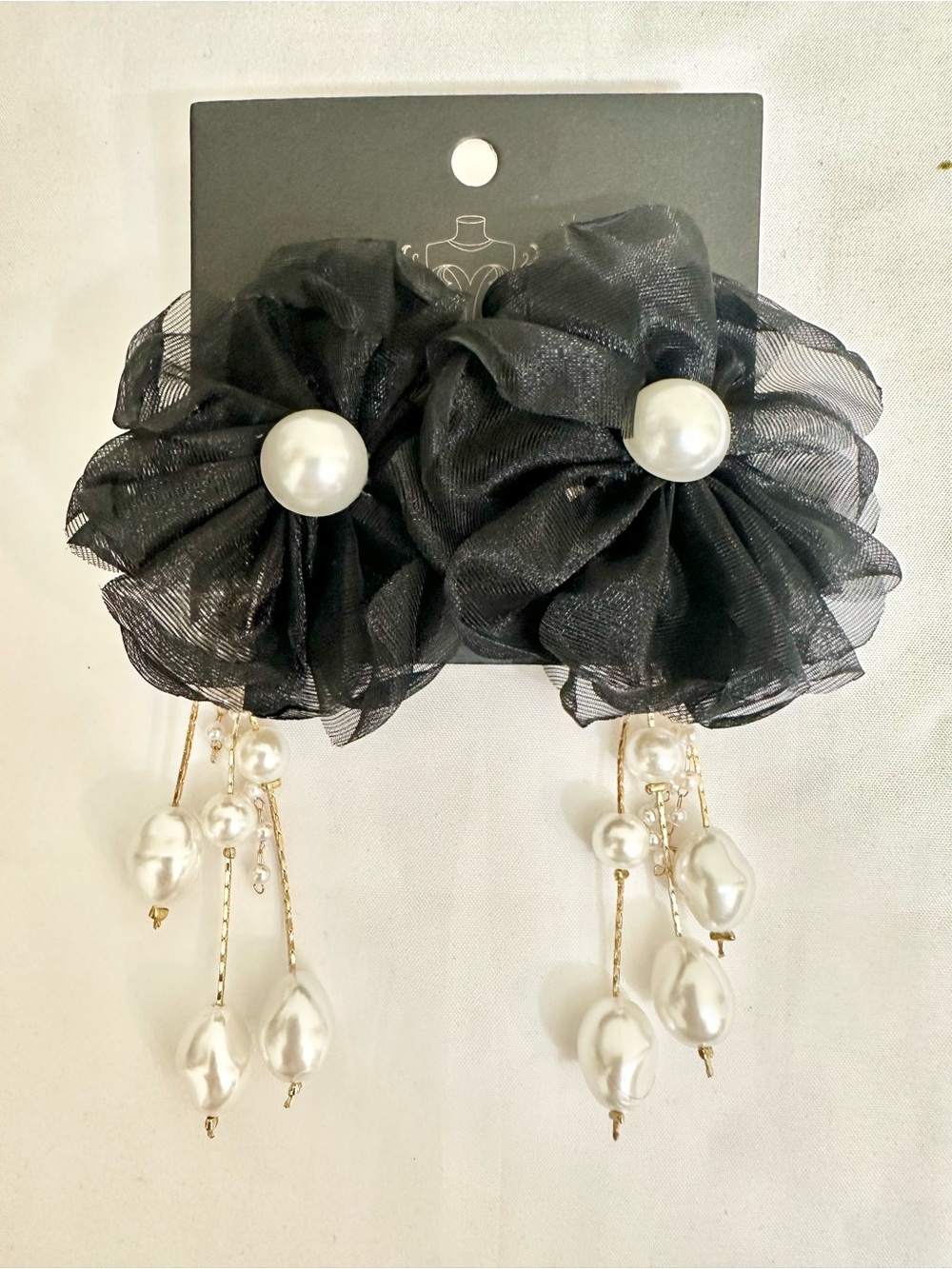 Black Floral Pearl Drop Earrings - Elegant